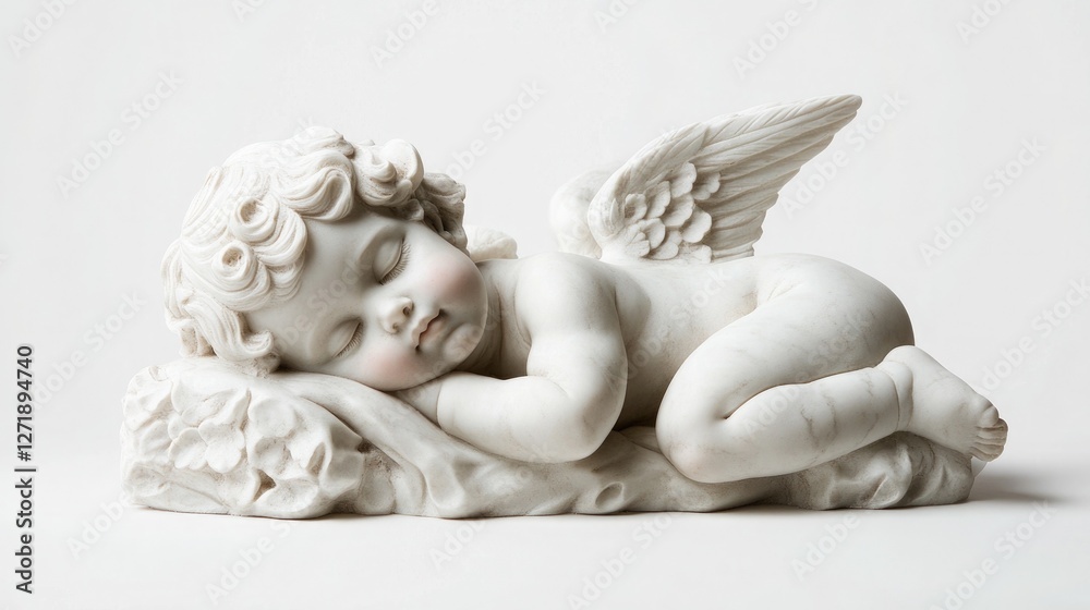 White marble statue of a sleeping cherub, isolated on a white background. - White marble statue of a sleeping cherub, isolated on a white background. -