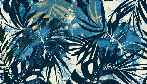 Abstract tropical wallpaper, vector seamless pattern, grunge monstera palm leaves, exotic foliage, jungle design, modern botanical, lush nature, tropical plant background.