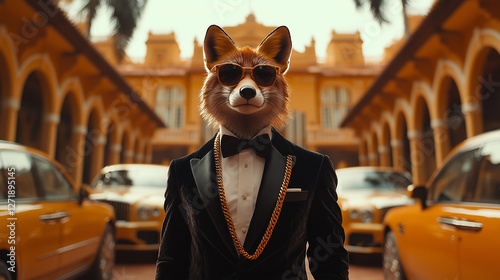 Sophisticated fox dressed in a tuxedo stands confidently among luxury cars at a grand location