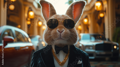 Stylish rabbit in sunglasses and tuxedo stands confidently on an upscale street filled with luxury cars