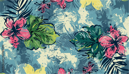 Tropical hibiscus, frangipani flowers, seamless pattern, vintage wallpaper, grunge effect, vector illustration, floral design, exotic flowers, decorative pattern, nature illustration, vibrant flowers