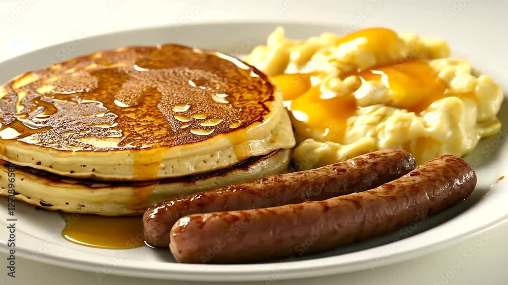 A breakfast platter featuring pancakes, scrambled eggs, and sausage, styled cleanly on a plain white background