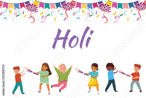 Fun, vibrant Holi celebration illustration with joyful kids covered in colorful powder