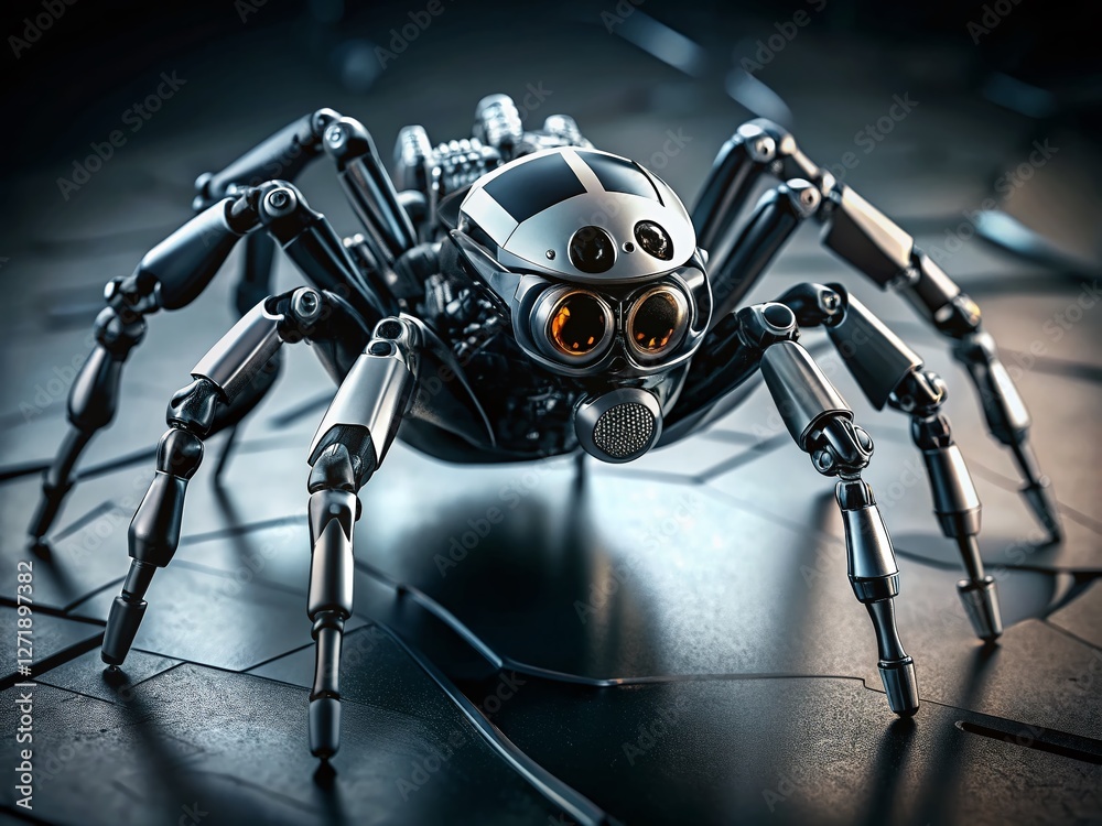 Fototapeta premium Futuristic Black and White Robot Spider, Sci-Fi Mechanical Insect, Modern Technology, Cyberpunk Arachnid