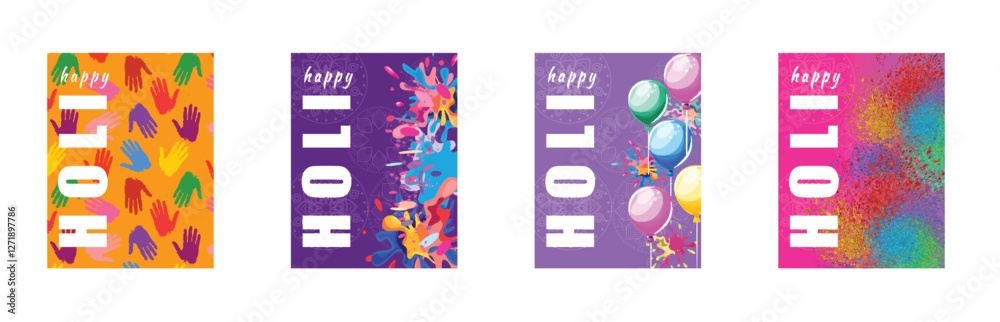 Obraz premium Collection of four vibrant Holi festival cards featuring colorful hands, balloons, and powder splashes