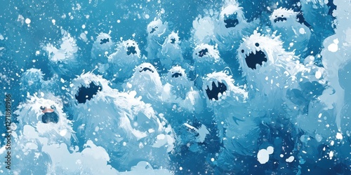 A group of furry snow monsters gathers in a blizzard