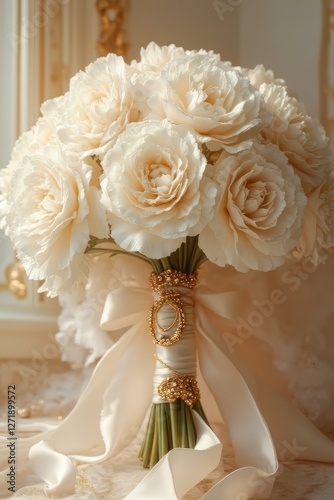 Wallpaper Mural "An exquisitely refined bouquet of pure white carnations, each petal soft, velvety, and intricately ruffled, with their multi-layered blooms exuding a delicate, crisp elegance. The carnations are arra Torontodigital.ca