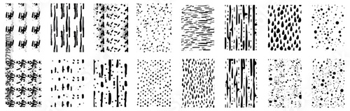 Vector seamless pattern set with small dashed lines, crayon geometric doodles, black strokes, minimal droplets, vertical stripes, random sprinkles, hand drawn, modern design