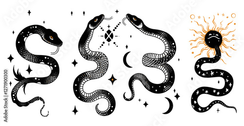 Vector illustration snake set, mystical magic objects, moon, eyes, sun, constellations, stars, spiritual symbols, occultism, esoteric objects, astrology, witchcraft, moon phases