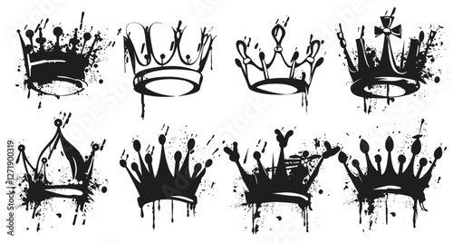 Spray paint crowns, king queen prince crown vector, royal diadem, princess tiara, black ink, hand-drawn accessories, street art, grunge style, isolated on white