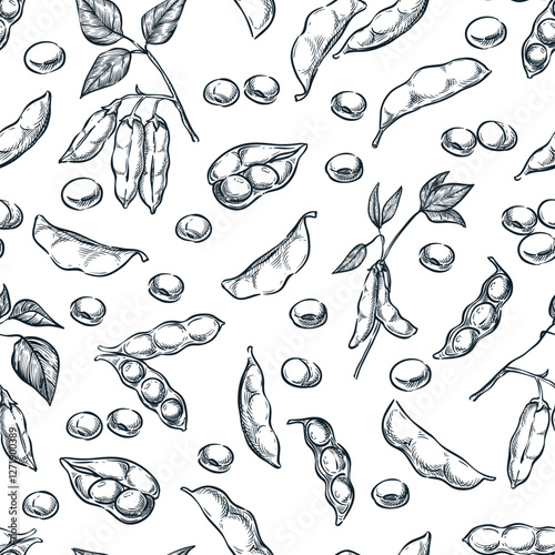 Soybean seamless pattern. Hand drawn sketch vector illustration of soya beens, pod on green plant and seeds