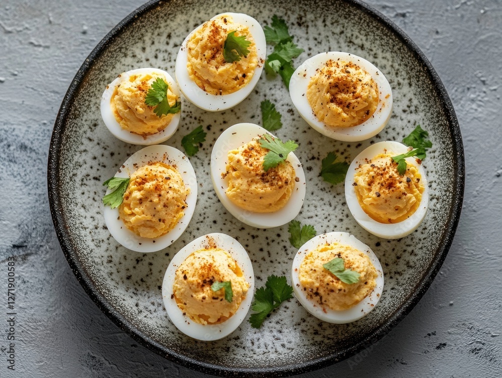 Grilled Deviled Eggs on White Rice Kitchen Table Food Presentation Indoor Top View Culinary Delight Grilled Deviled Eggs on White Rice Kitchen Table Food Presentation Indoor Top View Culinary Delight