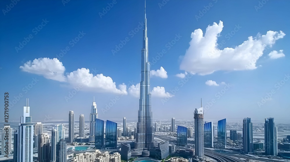 Fototapeta premium Tall Skyscraper in Modern City Under Blue Sky