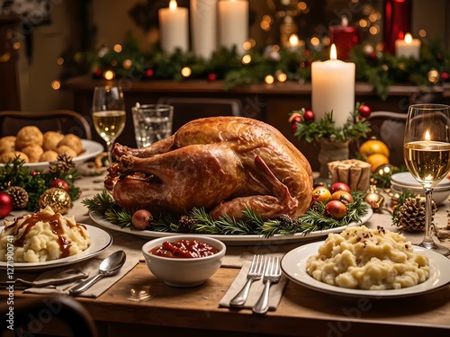 A photorealistic AI-generated thanksgiving turkey dinner