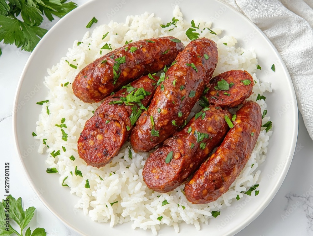 Grilling Spanish Chorizo Over White Rice Kitchen Food Photography Indoor Top View Grilling Spanish Chorizo Over White Rice Kitchen Food Photography Indoor Top View
