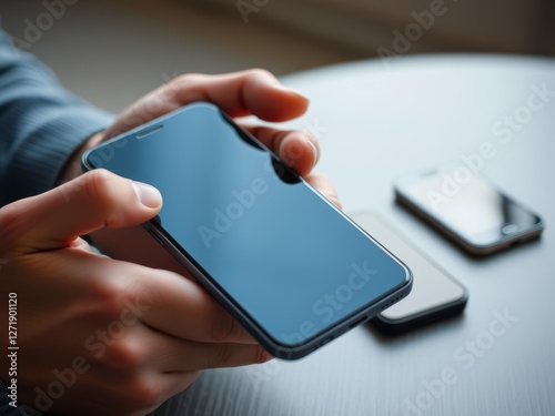 Hands hold a new phone, an upgrade from the old one on the table
