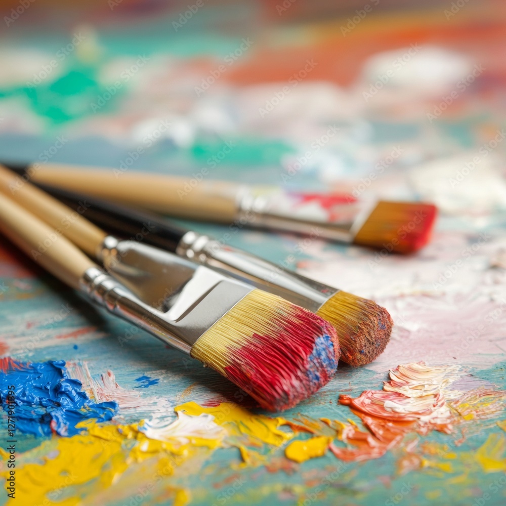 Obraz premium Vivid Art Supply Flatlay Textured Brush Strokes and Acrylic Shades - Creative Professional Content for Modern Workspace Inspiration and Art Education