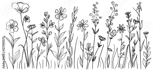 Vector illustration of wild field flowers, hand-drawn floral sketch, nature background, garden grass, spring nature, wildflower outline, field flowers, botanical elements