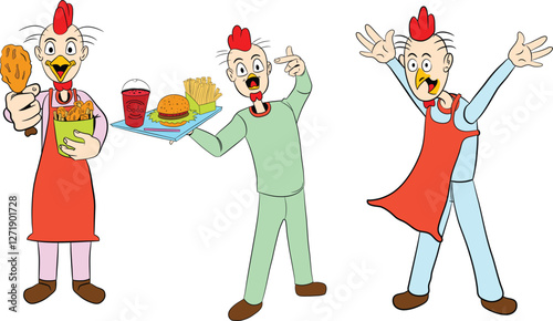 fast food seller chicken boy selling fried chicken bucket soda pop drink straw hamburger burger french fries chips tray three color character in one cartoon set with transparent background editable