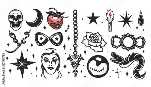 Y2k tattoo art, vector illustration, symbols of the 2000s, heart, rose, flame, bow, snake, brass knuckles, mouth, star, cherry, smile, goth chain, modern stickers