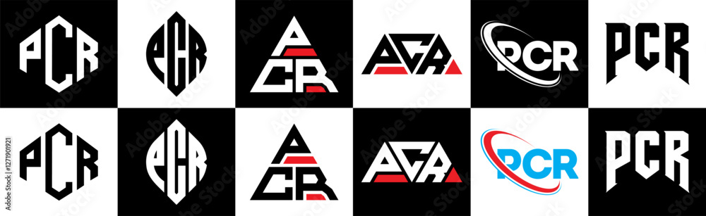 PCR letter logo design in six style. PCR polygon, circle, triangle, hexagon, flat and simple style with black and white color variation letter logo set in one artboard. PCR minimalist and classic logo PCR letter logo design in six style. PCR polygon, circle, triangle, hexagon, flat and simple style with black and white color variation letter logo set in one artboard. PCR minimalist and classic logo