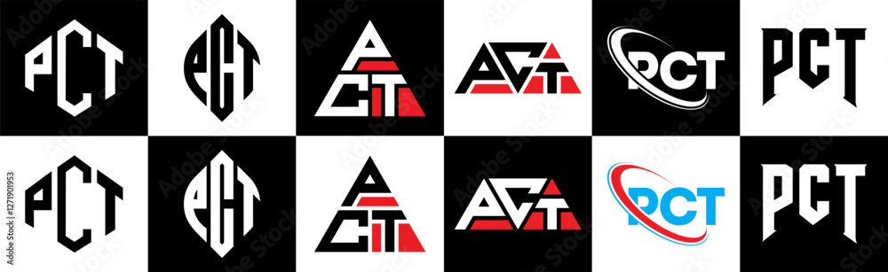 PCT letter logo design in six style. PCT polygon, circle, triangle, hexagon, flat and simple style with black and white color variation letter logo set in one artboard. PCT minimalist and classic logo PCT letter logo design in six style. PCT polygon, circle, triangle, hexagon, flat and simple style with black and white color variation letter logo set in one artboard. PCT minimalist and classic logo