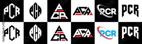 PCR letter logo design in six style. PCR polygon, circle, triangle, hexagon, flat and simple style with black and white color variation letter logo set in one artboard. PCR minimalist and classic logo