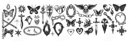 Y2k aesthetic tattoo art, goth chain, butterfly knife, broken mirror, heart, flame, bow, blackthorn, blade, mouth, 2000s style symbols, modern tattoo line, stickers
