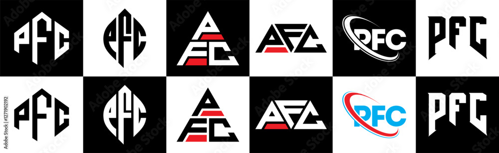 PFC letter logo design in six style. PFC polygon, circle, triangle, hexagon, flat and simple style with black and white color variation letter logo set in one artboard. PFC minimalist and classic logo PFC letter logo design in six style. PFC polygon, circle, triangle, hexagon, flat and simple style with black and white color variation letter logo set in one artboard. PFC minimalist and classic logo