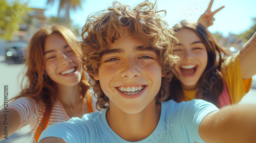 Teenagers smiling outdoors on a sunny day, enjoying summer vacation and having fun together.