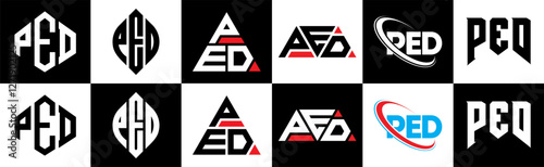 PED letter logo design in six style. PED polygon, circle, triangle, hexagon, flat and simple style with black and white color variation letter logo set in one artboard. PED minimalist and classic logo
