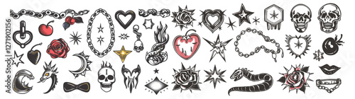 Y2k aesthetic vector illustration, tattoo art, goth chain, heart, rose, flame, bow, snake, brass knuckles, mouth, star, cherry, blackthorn, smile, 2000s symbols, modern stickers