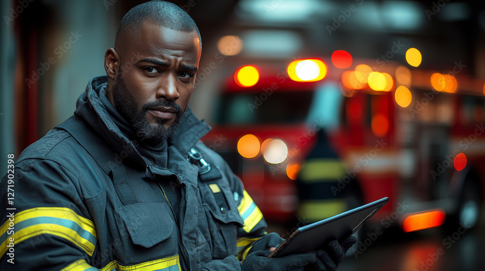 Firefighter in uniform holding tablet with fire truck in background at emergency scene. Firefighter in uniform holding tablet with fire truck in background at emergency scene.