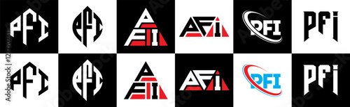 PFI letter logo design in six style. PFI polygon, circle, triangle, hexagon, flat and simple style with black and white color variation letter logo set in one artboard. PFI minimalist and classic logo