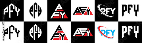 PFY letter logo design in six style. PFY polygon, circle, triangle, hexagon, flat and simple style with black and white color variation letter logo set in one artboard. PFY minimalist and classic logo