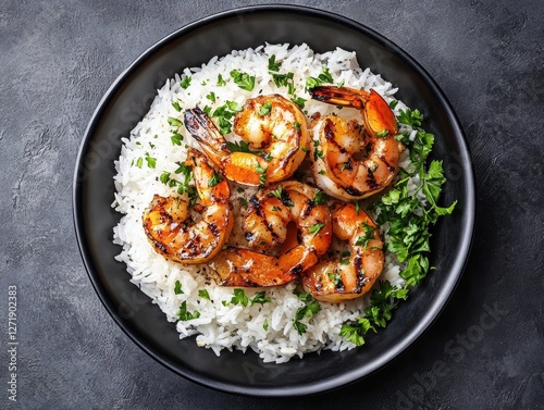 Wallpaper Mural Savor Grilled Garlic Shrimp over White Rice Kitchen Food Photography Dark Background Top View for Culinary Delight Torontodigital.ca
