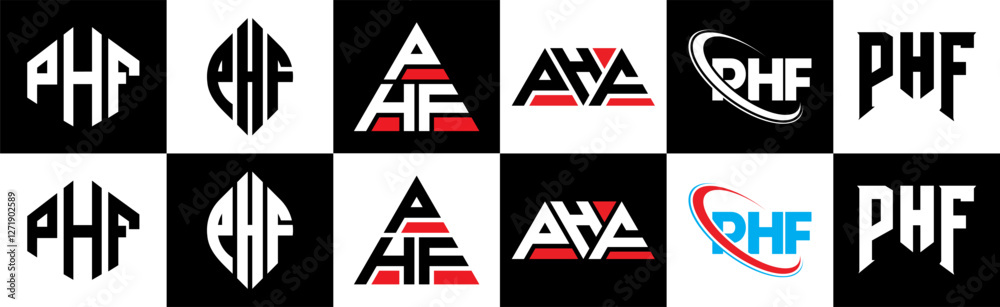 PHF letter logo design in six style. PHF polygon, circle, triangle, hexagon, flat and simple style with black and white color variation letter logo set in one artboard. PHF minimalist and classic logo PHF letter logo design in six style. PHF polygon, circle, triangle, hexagon, flat and simple style with black and white color variation letter logo set in one artboard. PHF minimalist and classic logo