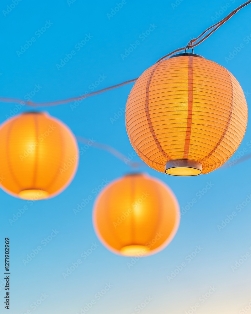 Obraz premium Contemporary Paper Lantern Artistry Illuminated Festival Decor against Twilight Sky - Cultural Event Promotion and Visual Merchandising for Festive Celebrations
