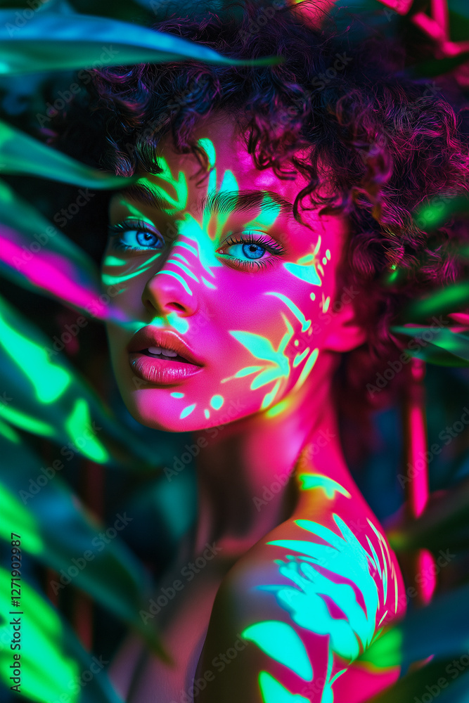 A woman with blue eyes is painted with neon colors