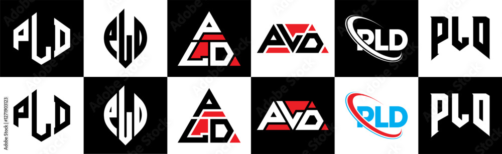 PLD letter logo design in six style. PLD polygon, circle, triangle, hexagon, flat and simple style with black and white color variation letter logo set in one artboard. PLD minimalist and classic logo PLD letter logo design in six style. PLD polygon, circle, triangle, hexagon, flat and simple style with black and white color variation letter logo set in one artboard. PLD minimalist and classic logo