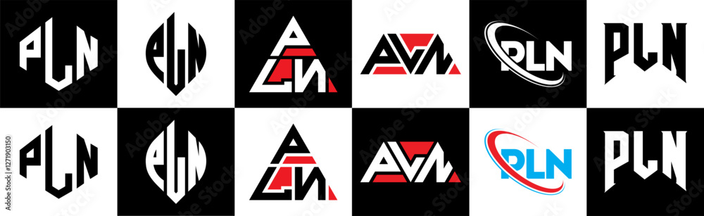 PLN letter logo design in six style. PLN polygon, circle, triangle, hexagon, flat and simple style with black and white color variation letter logo set in one artboard. PLN minimalist and classic logo PLN letter logo design in six style. PLN polygon, circle, triangle, hexagon, flat and simple style with black and white color variation letter logo set in one artboard. PLN minimalist and classic logo