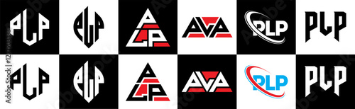 PLP letter logo design in six style. PLP polygon, circle, triangle, hexagon, flat and simple style with black and white color variation letter logo set in one artboard. PLP minimalist and classic logo