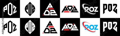 POZ letter logo design in six style. POZ polygon, circle, triangle, hexagon, flat and simple style with black and white color variation letter logo set in one artboard. POZ minimalist and classic logo