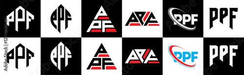 PPF letter logo design in six style. PPF polygon, circle, triangle, hexagon, flat and simple style with black and white color variation letter logo set in one artboard. PPF minimalist and classic logo