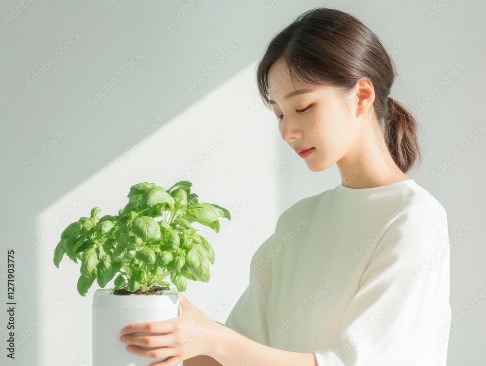 Contemporary Urban Hydroponics Korean Woman with Prosthetic Arm Tending Basil in Minimalist Kitchen - Sustainable Design for Modern Home Applications Contemporary Urban Hydroponics Korean Woman with Prosthetic Arm Tending Basil in Minimalist Kitchen - Sustainable Design for Modern Home Applications