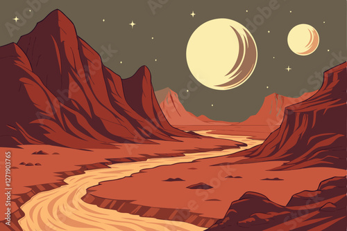  Alien planet landscape, rugged mountains, winding river, red desert terrain, two moons in sky, starry cosmic background, vibrant colors, ethereal glow, sci-fi scenery, fantasy world, dramatic light