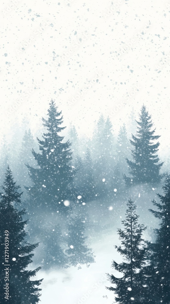 Fototapeta premium Winter snowfall graces a serene forest of evergreen trees