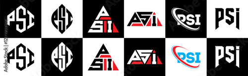 PSI letter logo design in six style. PSI polygon, circle, triangle, hexagon, flat and simple style with black and white color variation letter logo set in one artboard. PSI minimalist and classic logo