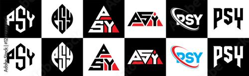 PSY letter logo design in six style. PSY polygon, circle, triangle, hexagon, flat and simple style with black and white color variation letter logo set in one artboard. PSY minimalist and classic logo