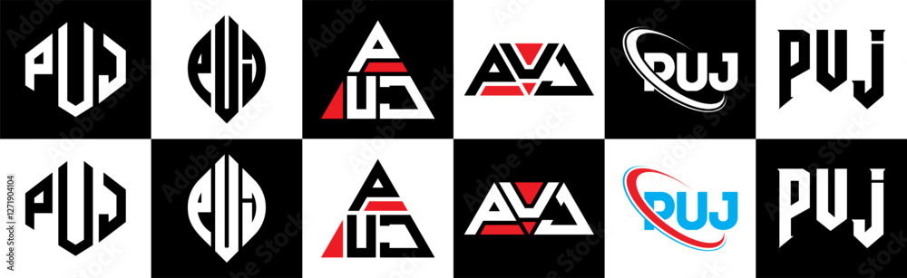 PUJ letter logo design in six style. PUJ polygon, circle, triangle, hexagon, flat and simple style with black and white color variation letter logo set in one artboard. PUJ minimalist and classic logo PUJ letter logo design in six style. PUJ polygon, circle, triangle, hexagon, flat and simple style with black and white color variation letter logo set in one artboard. PUJ minimalist and classic logo